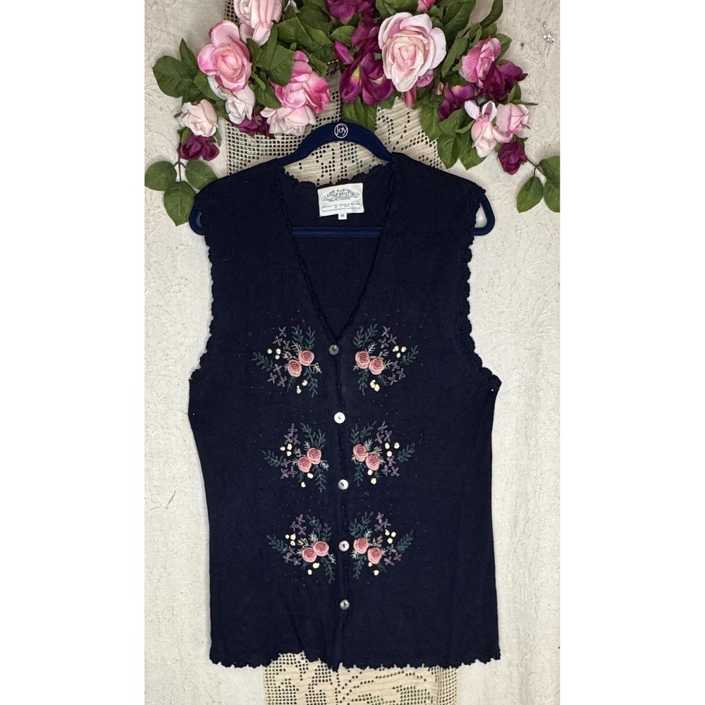 VINTAGE Susan Bristol Vest Womens Medium Navy Embroidered Floral Knit Ramie 90s